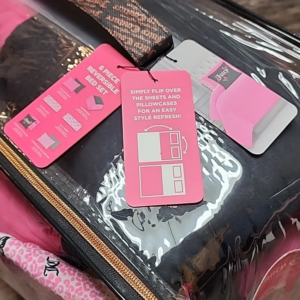 Juicy Couture 6 Piece Reversible Comforter Bed Set Pink & Black / Leopard - New